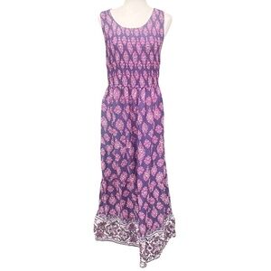 Lucky Brand Tiered Boho Maxi Dress Large Sleeveless Purple Pink Smocked Beachy